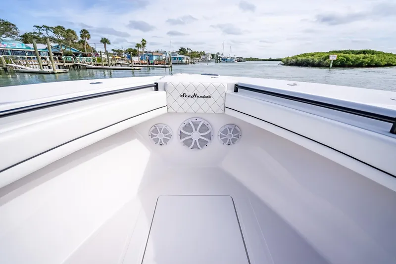 Slide: The Image of 2020 SeaHunter 35 Tournament boat interior with speakers and waterfront view. - 39