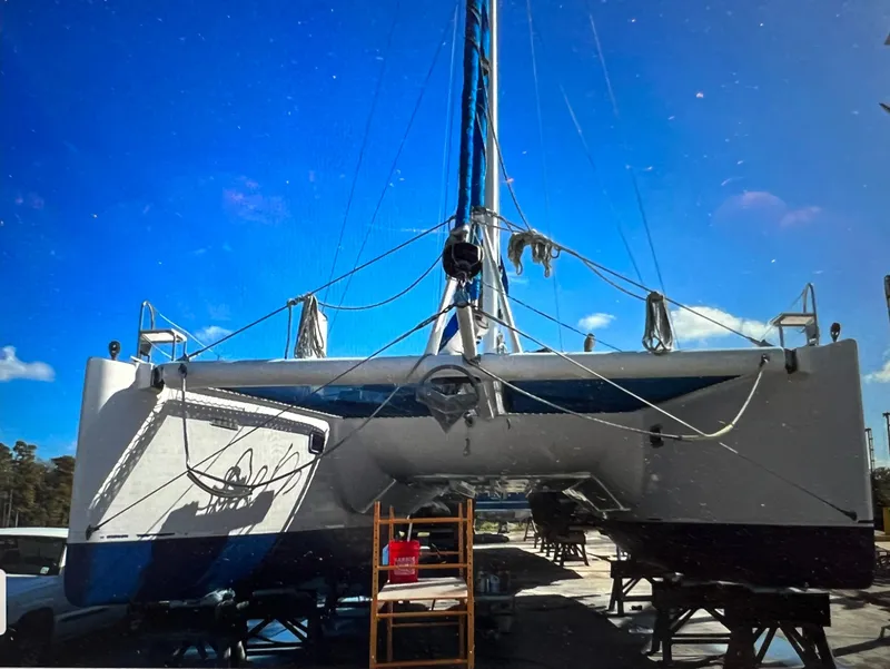 Slide: The Image of Catamaran Dolphin 43, 2002 model, docked under clear blue sky. - 43