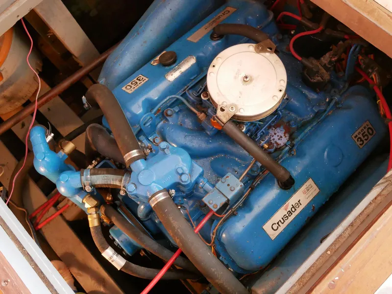 Slide: The Image of 1964 Egg Harbor 37 Convertible Sedan engine compartment with Crusader 350 engine. - 47