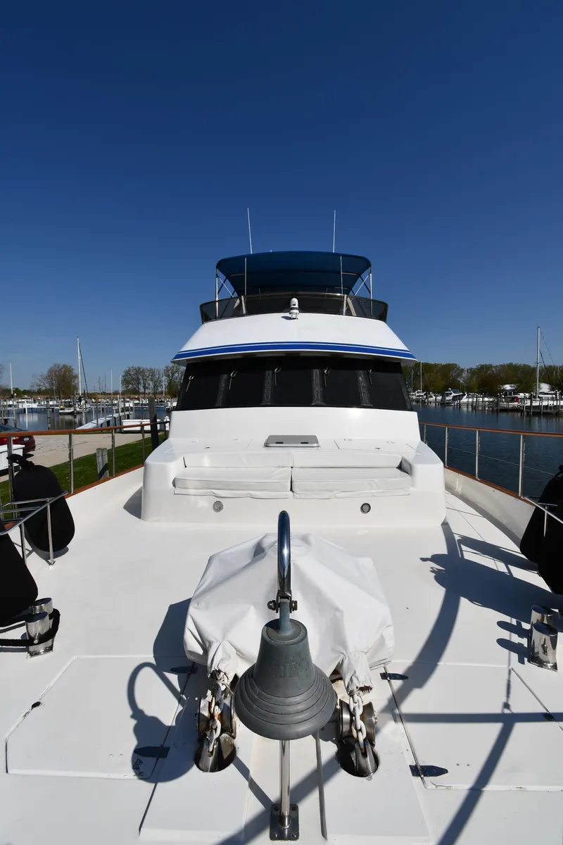 Slide: The Image of 1986 Lowland 64 Pilot House Long Range Motor Yacht, front deck view. - 14