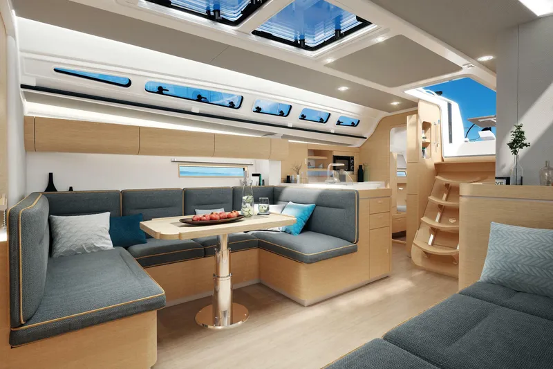 Slide: The Image of Modern interior of 2025 Dehler 46 yacht with sleek kitchen and cozy seating area. - 20