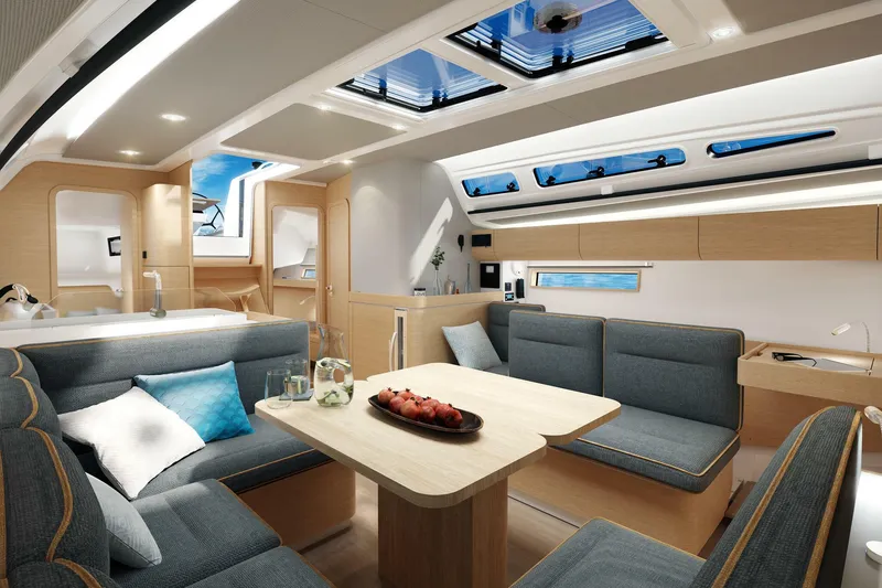 Slide: The Image of Luxurious 2025 Dehler 46 yacht bedroom with modern design and ocean view. - 22