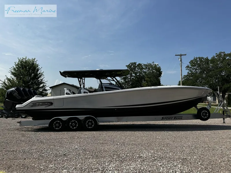 Slide: The Image of 2022 Nor-Tech 390 Center Console boat on a trailer at Freeman Marine. - 5