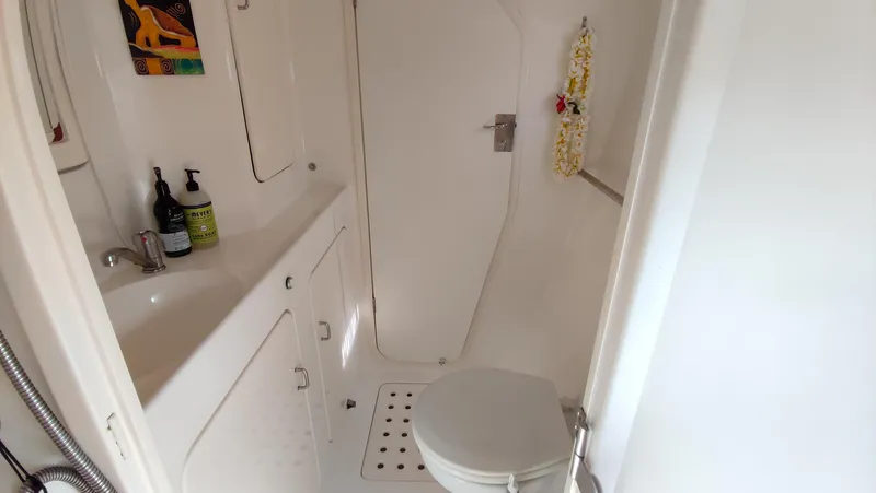 Slide: The Image of Compact bathroom in 2002 Voyage 440 yacht with sink, toilet, and shower. - 22
