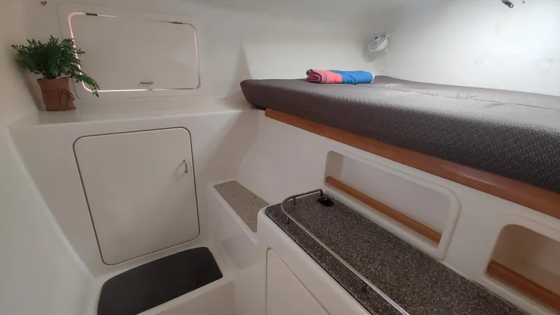 Slide: The Image of Cozy cabin interior of 2002 Voyage 440 with bed, storage, and plant decor. - 24