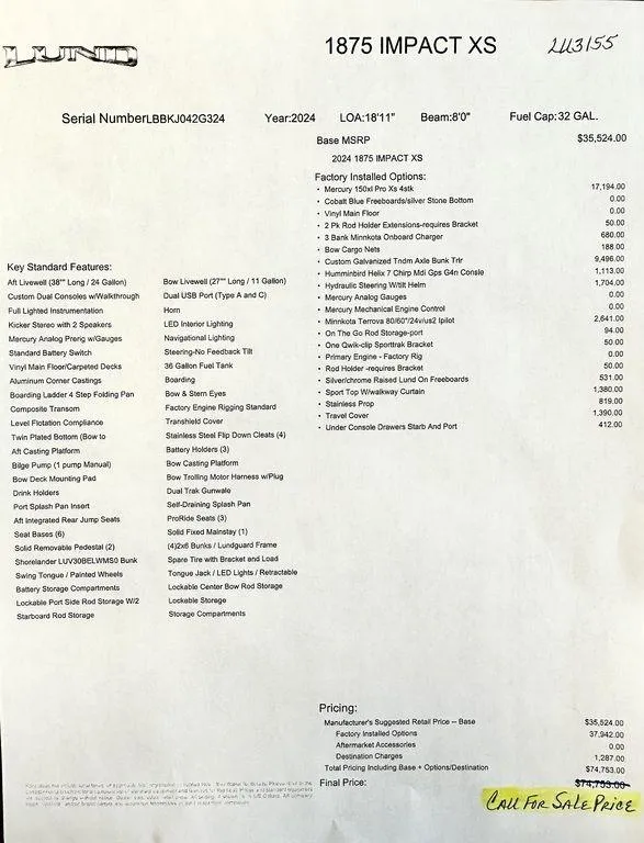 Slide: The Image of 2024 Lund 1875 Impact XS Sport boat specifications and pricing sheet. - 10