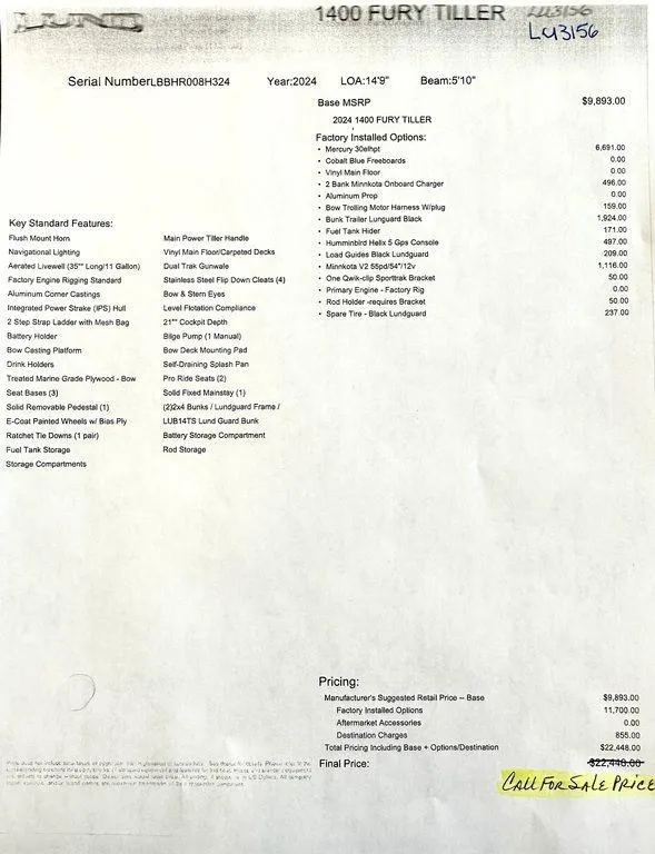 Slide: The Image of Alt text: 2024 Lund 1400 Fury Tiller boat specifications and pricing sheet. - 9