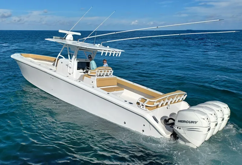 Slide: The Image of 2020 Bahama 41 Open Fisherman boat with Mercury engines on the ocean. - 3