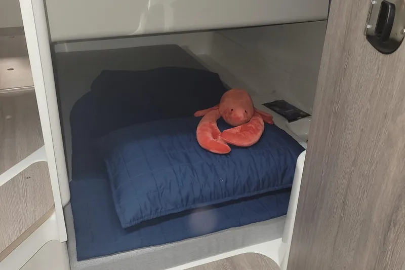 Slide: The Image of Cozy sleeping area in 2024 Bayliner TROPHY 25 EXPLORER with blue bedding and plush toy. - 47