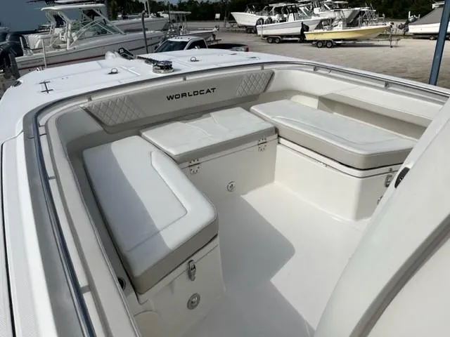 Slide: The Image of 2024 World Cat 260 CC-X boat interior with cushioned seating. - 3