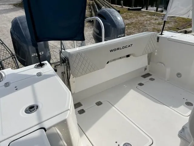 Slide: The Image of 2024 World Cat 260 CC-X boat deck with twin Yamaha 210 engines. - 6