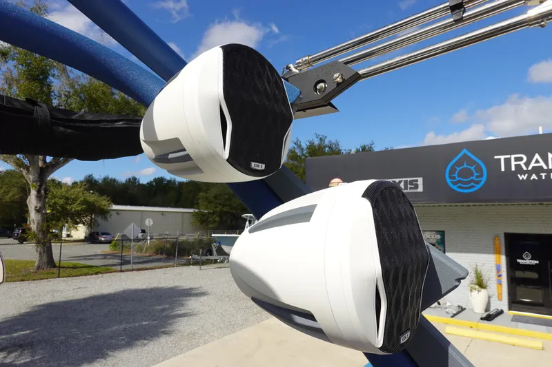 Slide: The Image of 2023 Malibu 25 LSV boat speakers mounted on a wakeboard tower. - 40