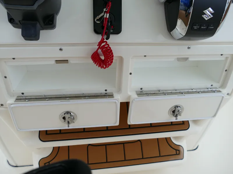 Slide: The Image of Control panel and storage compartments of 2024 Pioneer 270 Pelagic boat. - 18
