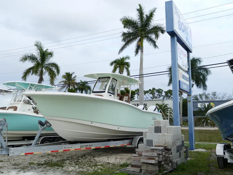 Slide: The Image of 2024 Pioneer 270 Pelagic boat on trailer at dealership with palm trees. - 4