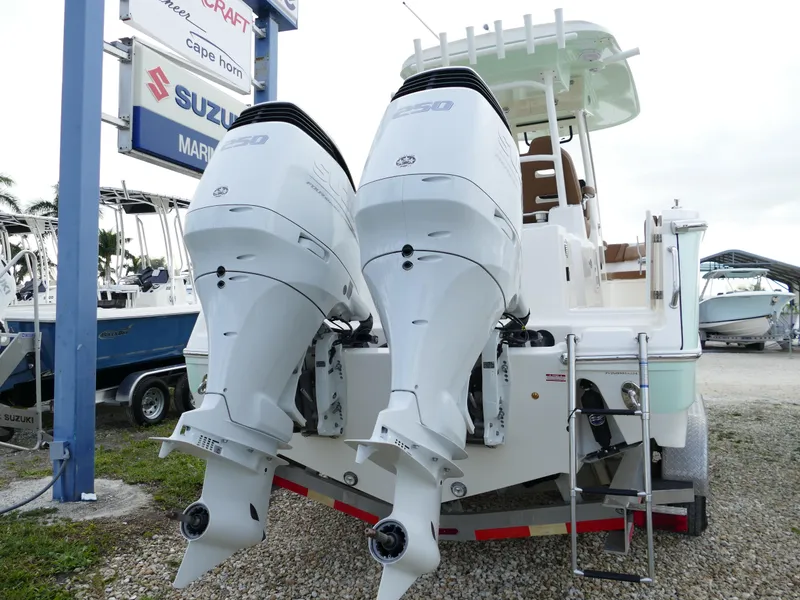 Slide: The Image of 2024 Pioneer 270 Pelagic boat with twin outboard engines at a marina. - 7