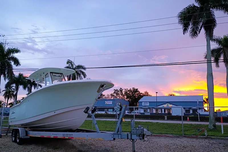 Slide: The Image of 2024 Pioneer 270 Pelagic boat on trailer at sunset, surrounded by palm trees. - 77