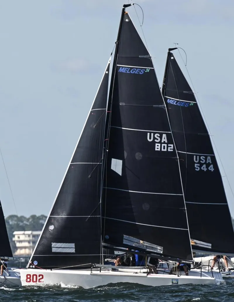 Slide: The Image of Sailboats racing on water, Melges 24, 2009 model, with black sails. - 2