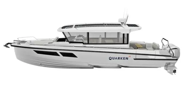 Slide: The Image of 2024 Quarken 35 boat, side view, white hull, modern design. - 7