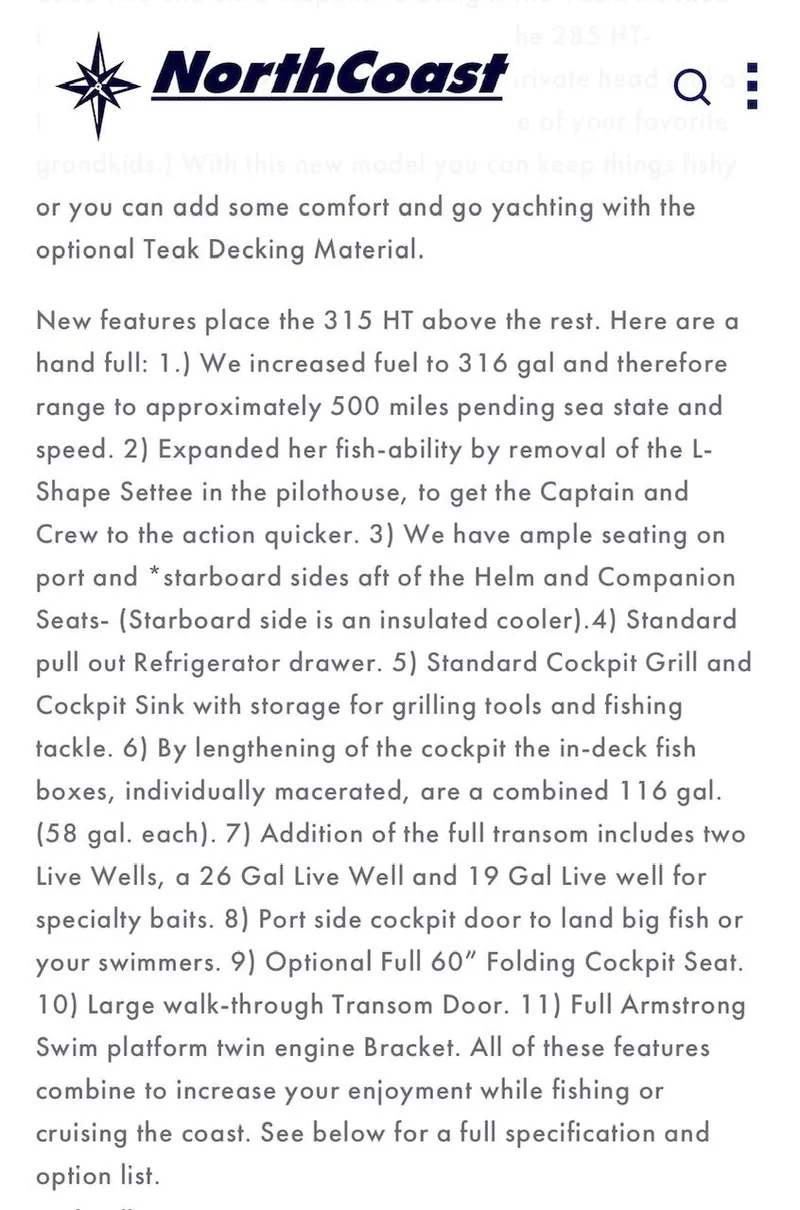 Slide: The Image of NorthCoast 315 2022 model features and specifications brochure. - 29