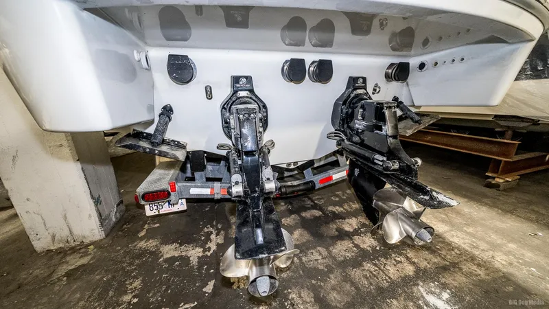 Slide: The Image of 2008 Formula 310 Sun Sport boat stern with dual outboard motors in storage. - 47