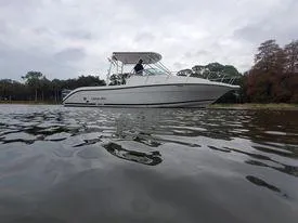 Slide: The Image of 2001 Century 3200 Walk-Around boat on calm water with trees in the background. - 13