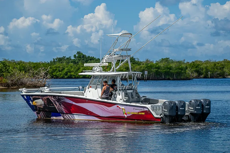 The Image of Freeman 37 boat, 2019 model, with vibrant design, cruising on a sunny day. - 0