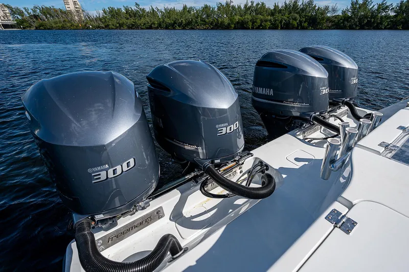 Slide: The Image of Freeman 37 boat with four Yamaha 300 outboard engines on water, 2019 model. - 23