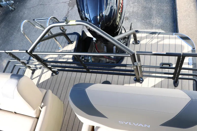 Slide: The Image of 2024 Sylvan L3 RLZ boat deck with motor and seating. - 20