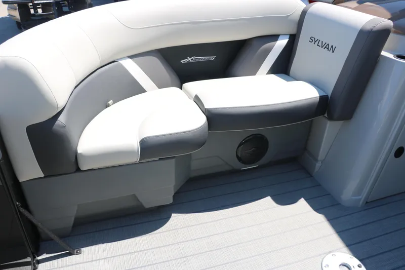 Slide: The Image of 2025 Sylvan X1 CLZ DH Tri-Toon boat interior seating with premium upholstery. - 21