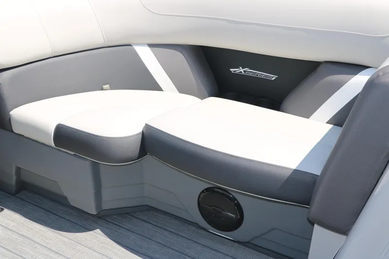 Slide: The Image of Interior seating of 2025 Sylvan X1 CLZ DH Tri-Toon boat, featuring sleek, modern design. - 34