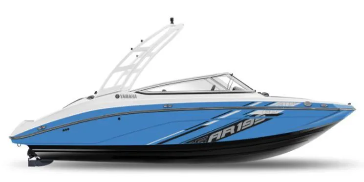 Slide: The Image of 2021 Yamaha Boats AR 195 in blue and white. - 11