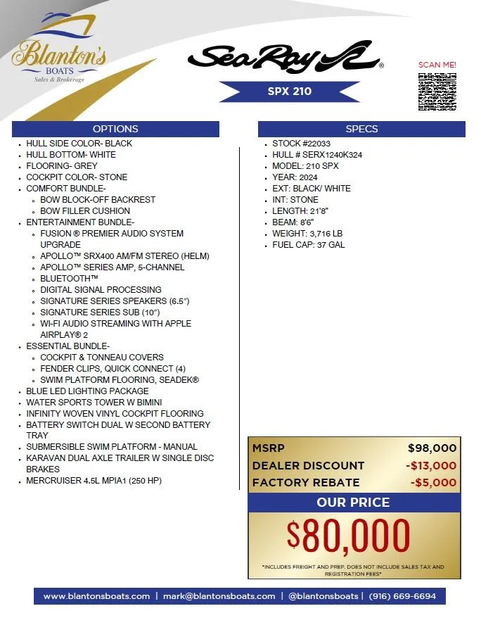 Slide: The Image of 2024 Sea Ray SPX 210 boat features, options, and pricing details from Blanton's Boats. - 30
