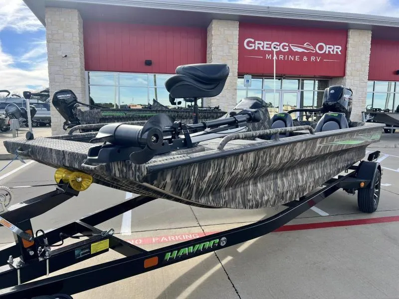 Slide: The Image of 2024 Havoc Boats 1756 FRRSCST fishing boat on trailer at Gregg Orr Marine & RV dealership. - 1