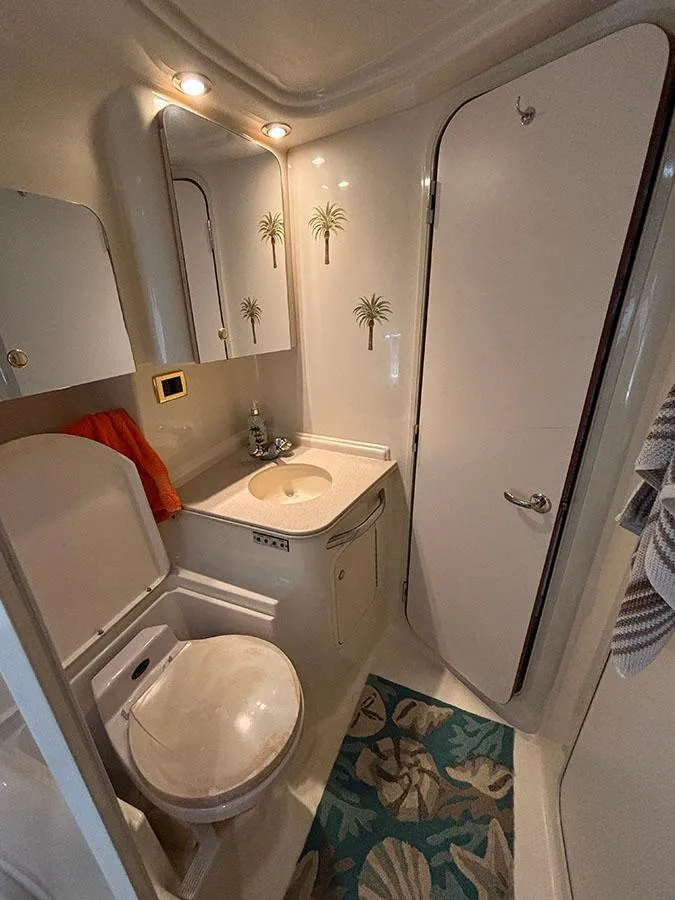Slide: The Image of 2001 Sea Ray 410 Sundancer bathroom with sink, toilet, and tropical decor. - 22
