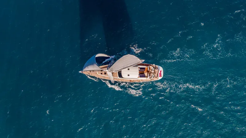 Slide: The Image of Aerial view of 2005 Jongert 2900M sailing yacht on blue ocean. - 1