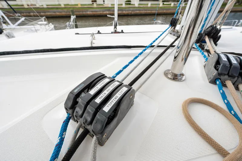 Slide: The Image of Close-up of rigging lines on a 2018 Lagoon 42 catamaran. - 45