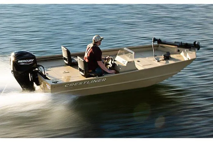 Slide: The Image of 2024 Crestliner 1660 Retriever SC boat speeding on water with Mercury engine. - 14