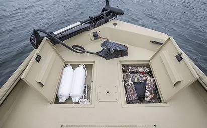 Slide: The Image of 2024 Crestliner 1660 Retriever SC boat storage compartments with gear and accessories. - 15