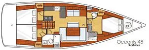 Slide: The Image of Floor plan of a 2012 Beneteau Oceanis 48 sailboat with three cabins. - 38