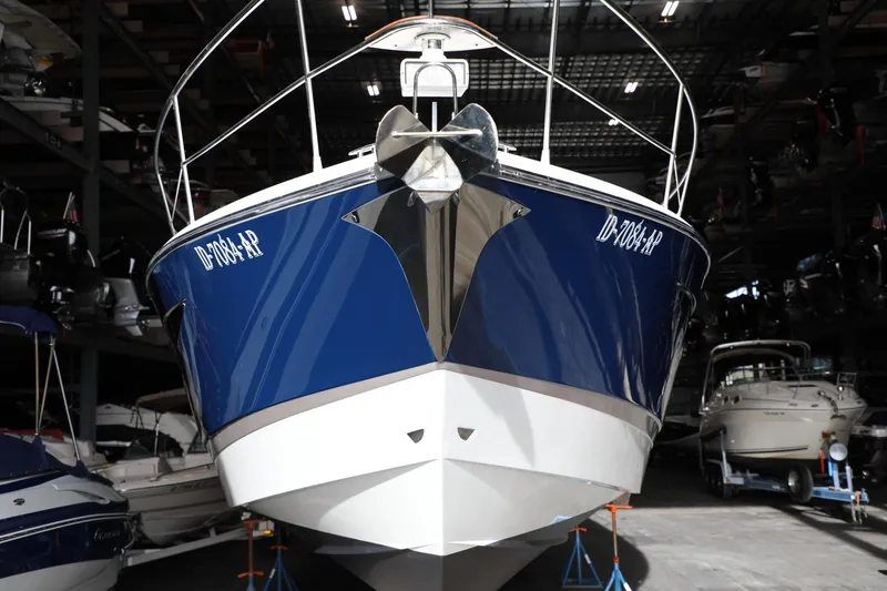 Slide: The Image of 2008 Cobalt 46 yacht in storage, front view. - 1