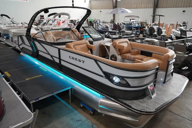 Slide: The Image of 2024 Crest Continental 250 SLC CP3 pontoon boat with 400 hp in showroom. - 15