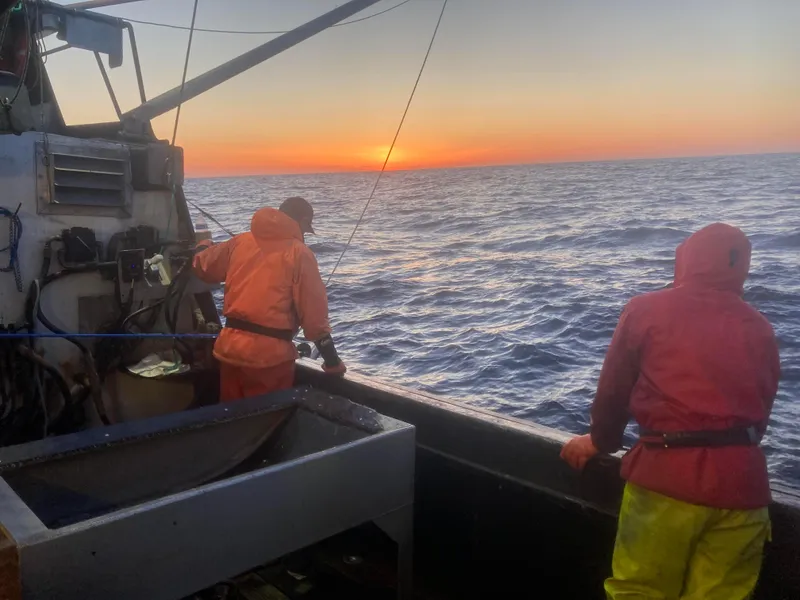 Slide: The Image of Two fishermen on a 1979 Custom Longline/Tender/Crabber boat at sunset. - 5