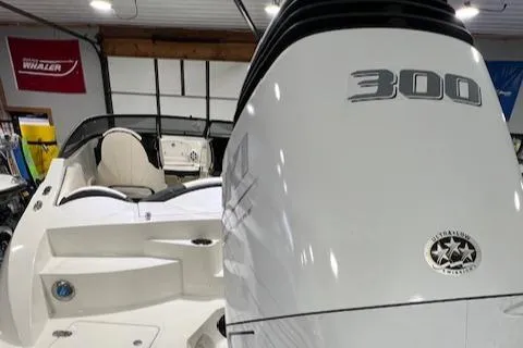 Slide: The Image of 2024 Stingray 230SX boat with powerful 300 horsepower engine in showroom. - 11