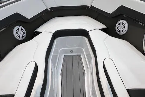 Slide: The Image of 2024 Monterey 278SS boat interior with white and black seating. - 5