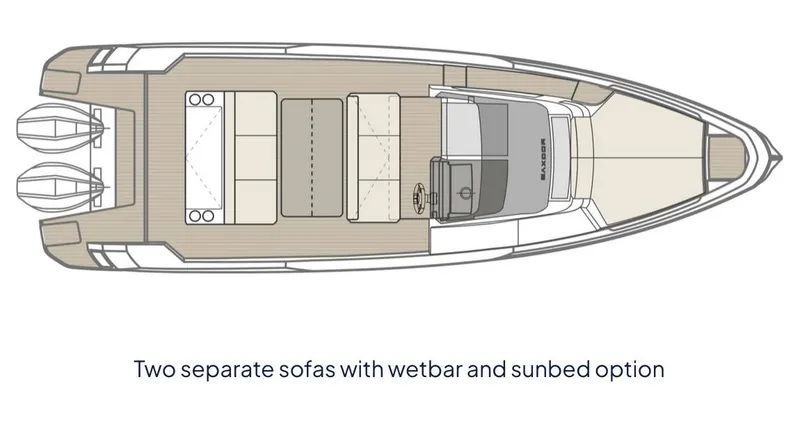 Slide: The Image of Top view of 2024 Saxdor 270 GTO boat layout with sofas, wet bar, and sunbed. - 16