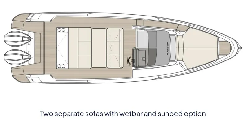Slide: The Image of Top view of 2024 Saxdor 270 GTO boat layout with sofas, wet bar, and sunbed option. - 17