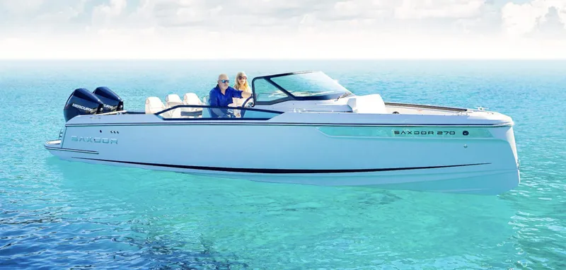 Slide: The Image of 2024 Saxdor 270 GTO boat cruising on clear turquoise water. - 6