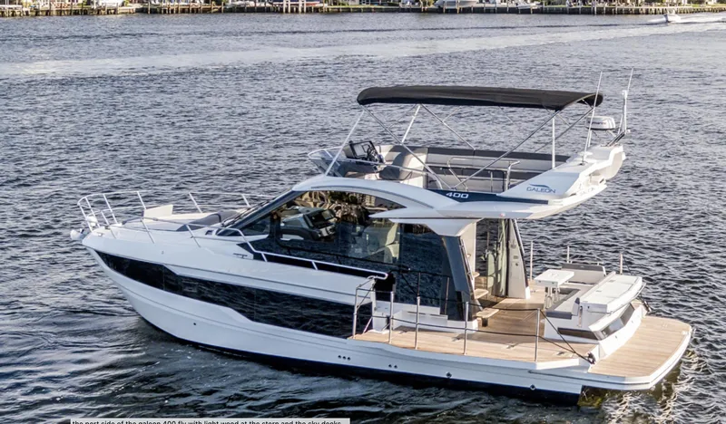 The Image of 2024 Galeon 400 Fly yacht cruising on open water. - 0