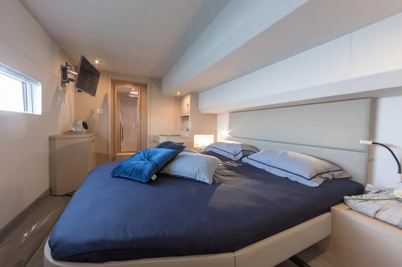 Slide: The Image of Luxurious bedroom interior of 2026 Fountaine Pajot MY 6 yacht with modern amenities. - 6