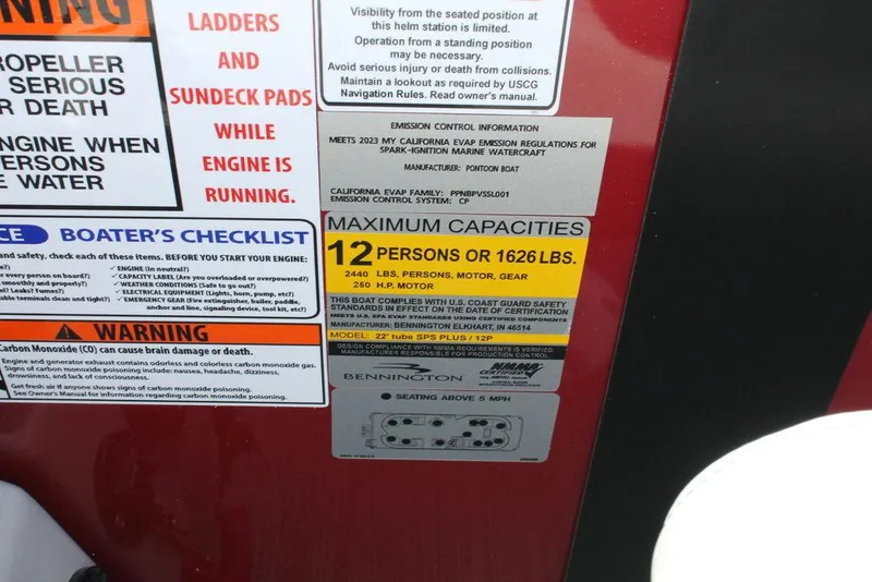 Slide: The Image of 2024 Bennington 23 SXSR boat capacity label, maximum 12 persons or 1626 lbs. - 4